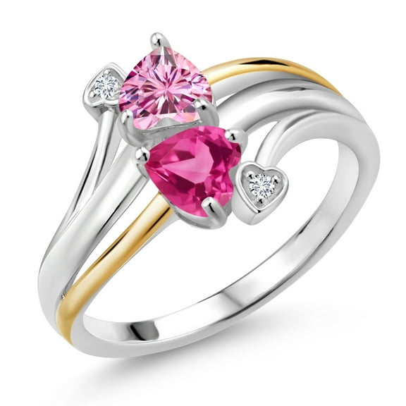 Gem Stone King 925 Silver and 10K Yellow Gold Ring Heart Shape Pink Moissanite and Created Sapphire Pink (1.12 Cttw, Size 8)