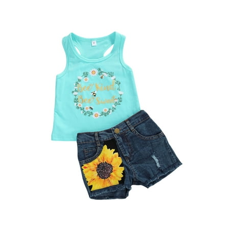 

EYIIYE Baby Girl Boy Summer Sunflower Sleeveless Print Cotton Vest Denim Shorts Outfit