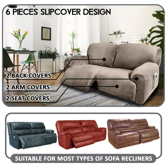 ULTICOR Extra Wide 75"" - 100"" Reclining 2 Seater Sofa Extra Wide Reclining Love Seat Slipcover 6-Piece Velvet Stretch Reclining Sofa Covers Thick Soft Washable (Taupe)