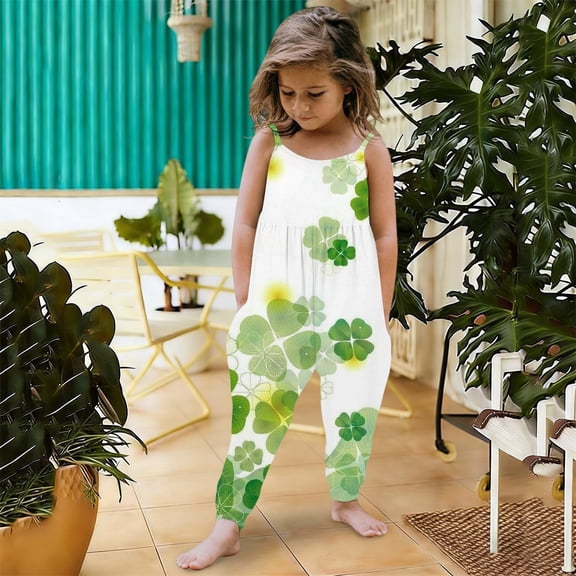 MAIHAN St Patricks Day Jumpsuits for Girls Overalls Shamrock Print Rompers with Adjustable Straps,Wide Leg Loose Fit Boho Floral Cute Outfits(White,4-5 Years)