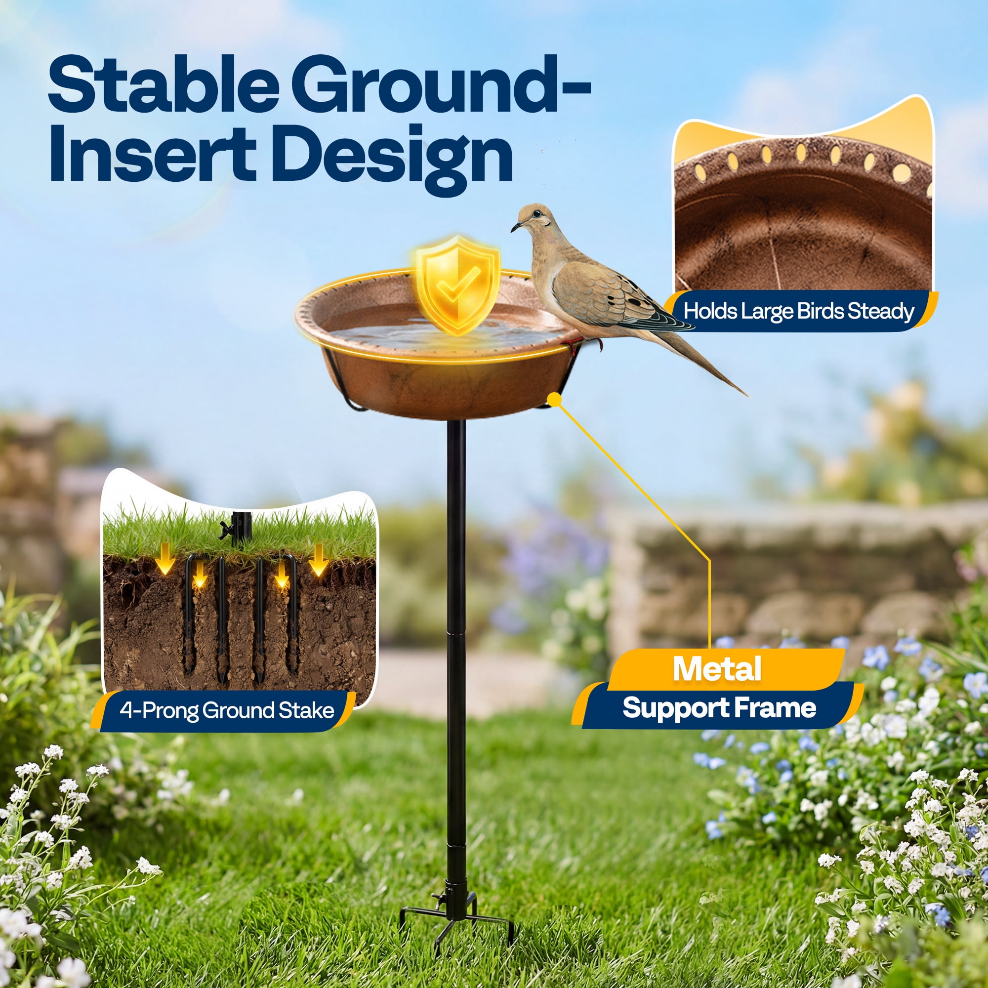 SPECSTAR Bird Bath for Outside, Outdoor 13'' Birdbath Bowl with Metal Ground Stake, Weather-Resistant ABS Bird Bath and Feeder for Garden, 1.45 Gallons, Bronze