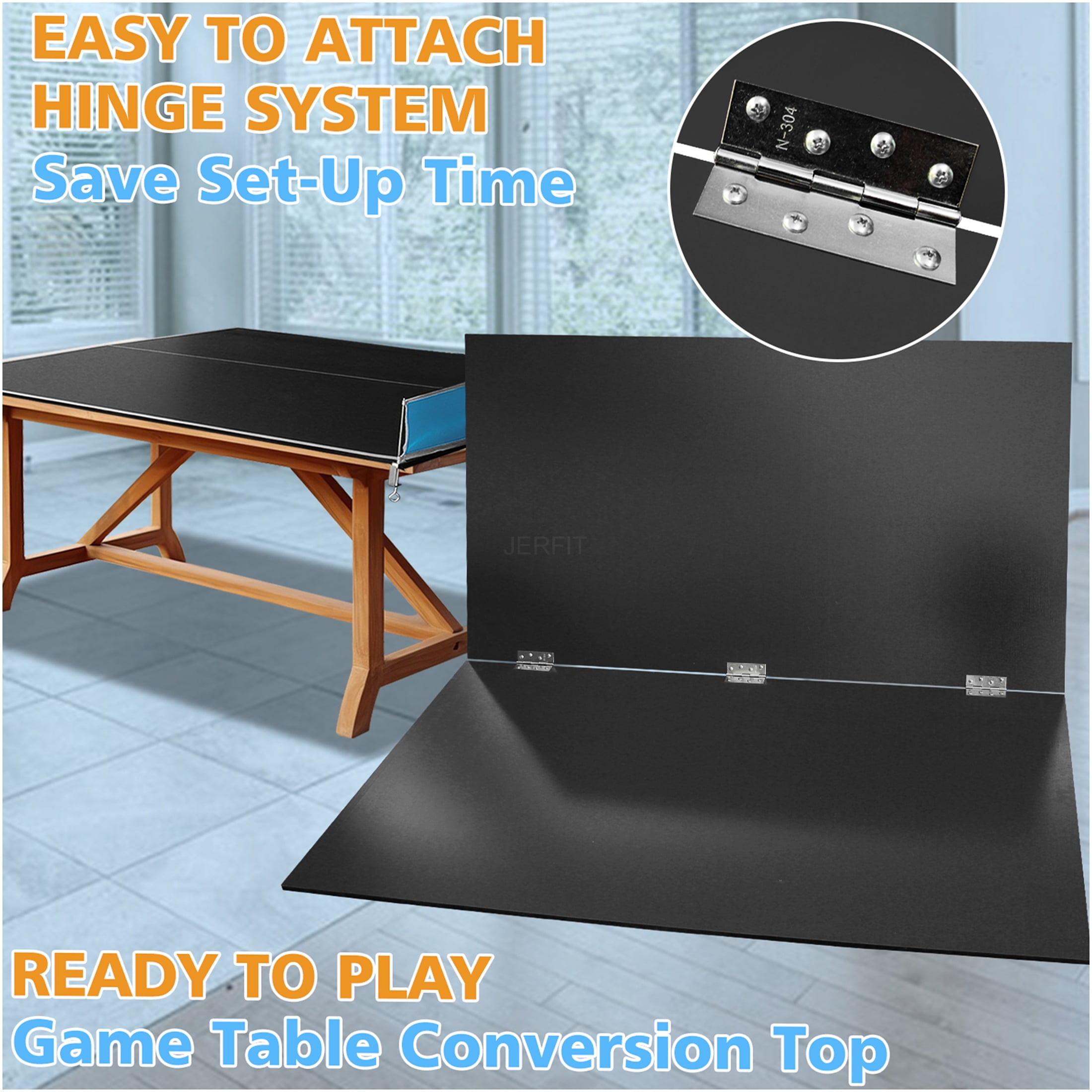 JERFIT 7x4ft Foldable Ping Pong Table Top for Indoor Use, Portable MDF Conversion Top with Net, Professional Mid-Size Black Table Tennis Surface