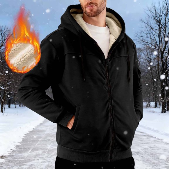 Letdown Mens Lined Hoodie Sherpa Fuzzy Casual Full Zip Up Long Sleeve Jacket Winter Warm Cozy Thermal Solid Sweatshirts Coats (Black,L)