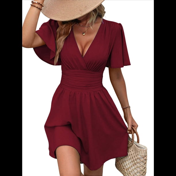 Vestido Mini de Verano con Escote en V y Mangas con Volantes, Corte A, Cintura Alta Elástica, Holgado y con Vuelo. Vino Tinto XL