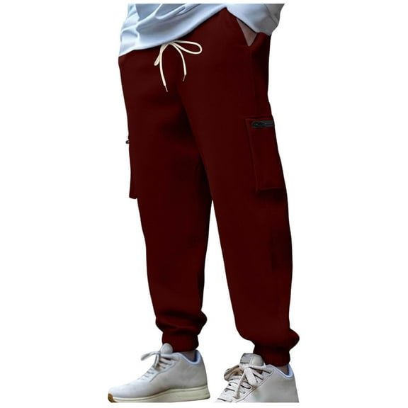 Kalauyu Mens Corduroy Joggers Pants Casual Cargo Pants Drawstring Elastic Waist Baggy Tapered Sweatpants with Pockets Wine 2XL