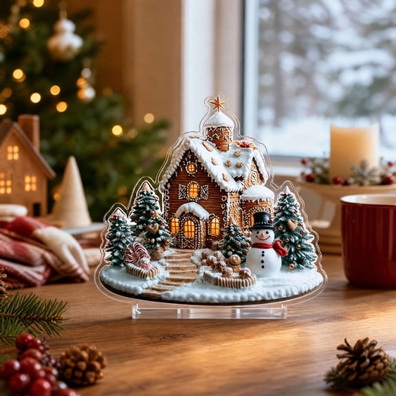 Christmas Tabletop Decor, Acrylic Snowman Village Scene Standing Decoration with Holiday Details for Dining Table Countertop Shelf and Office