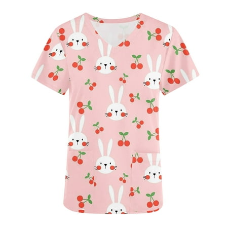 

Women s Happy Easter Day Scrub_Tops Cute Bunny Rabbit Graphic Pattern Tees Woman Short Sleeve Western Shirts Vintage Summer Tunic Lady Work Blouses V Neck Nurse Uniforms with Pockets T Shirt Pink L