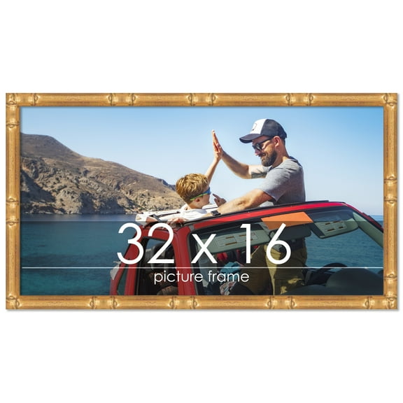 32x16 Gold Thin Bamboo Picture Frame - UV Acrylic, Foam Board Backing, Hanging Hardware