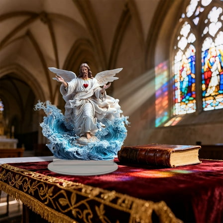 Taicans 8.2in Resin Jesus on Water Figurine,Christmas Decor,Religious Statue with Angel Wings & Heart,7.3in Base,Home Decor,Collectible Gift,Holiday Decorations