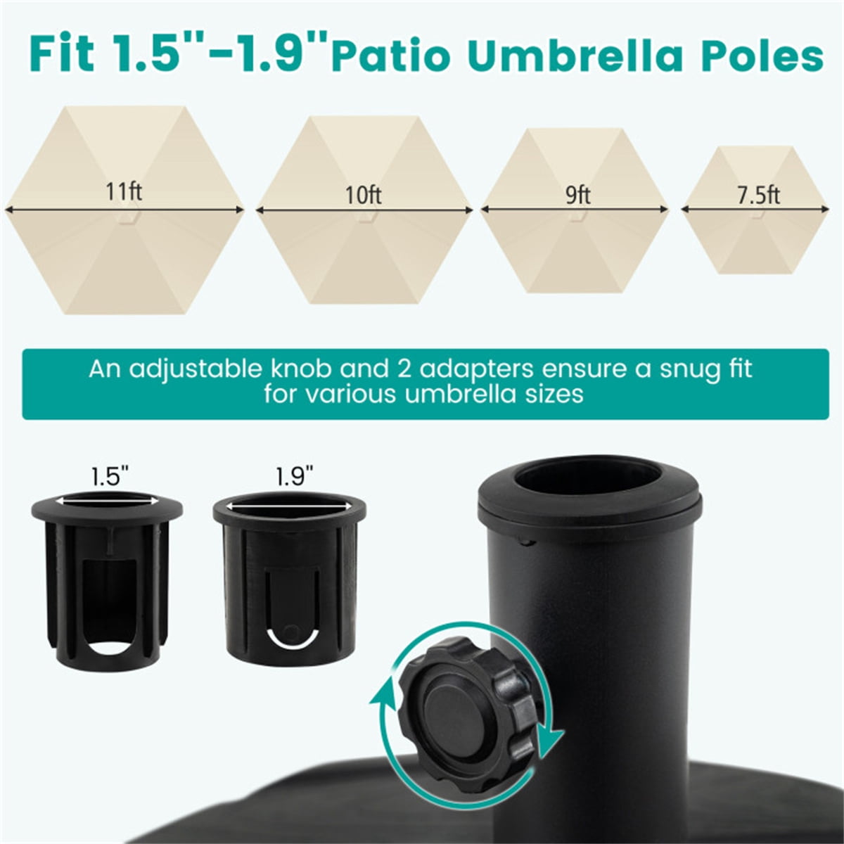 Rolling Fillable Patio Umbrella Base with Foldable Pull Rod & Hidden Wheels Heavy Duty Water Sand Weighted HDPE Umbrella Stand with 2 Pole Adapters for 7.5–11ft Umbrellas Black Wood Grain