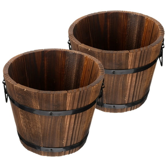COOPHYA 2Pcs Wooden Flower Pots Vintage Style Wood Barrel Planter Outdoor Use