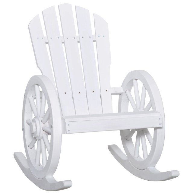 Outsunny Patio Wooden Adirondack Rocking Chair, Wagon Outdoor Rocker Cahir with Slatted Design and Wheel Armrests for Porch, Poolside, or Garden Lounging, White