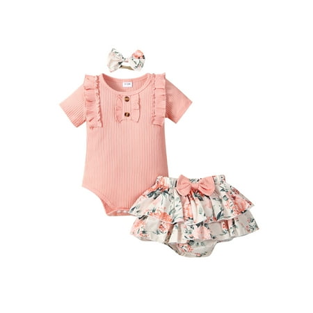 

Bagilaanoe 2pcs Newborn Baby Girl Short Pants Set Short Sleeve Ruffle Romper Tops + Floral Shorts + Headband 3M 6M 9M 12M 18M Infant Casual Summer Outfits