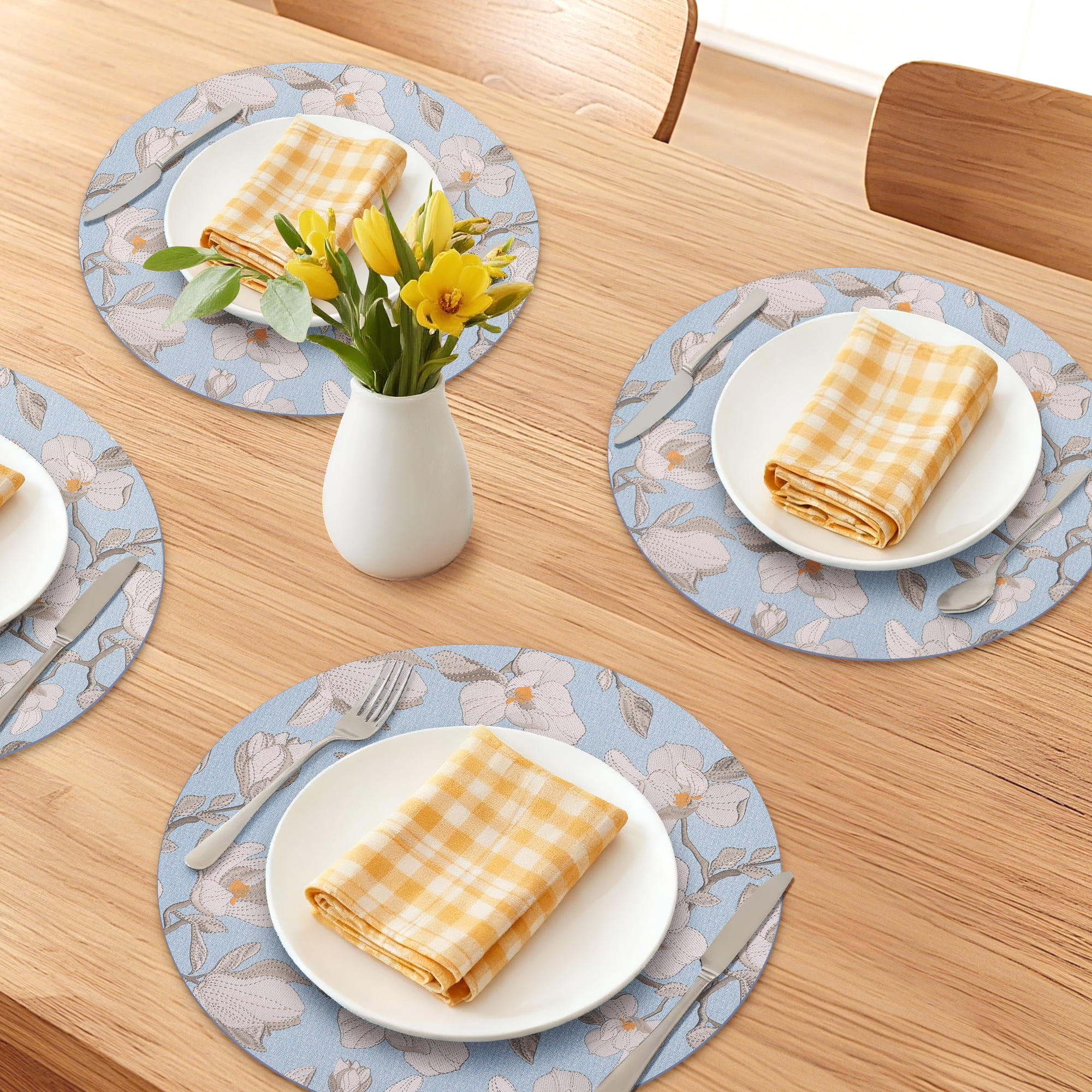Unique Bargains 6pcs Faux Leather Floral Placemats Blue Beige 13"x13"