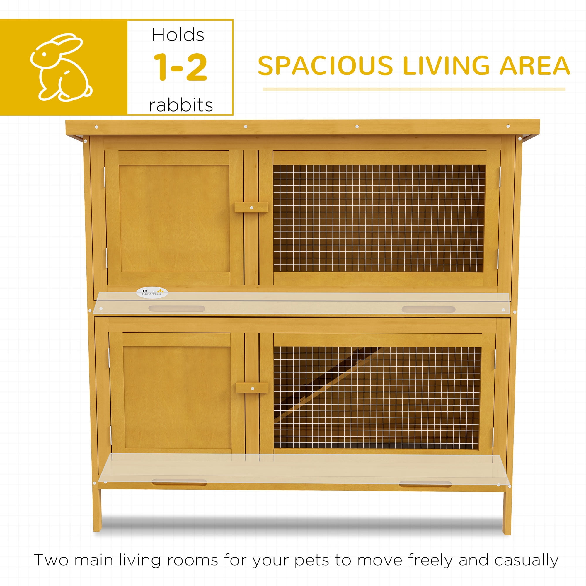 PawHut Wooden Bunny Hutch Rabbit Hutch Small Animals Habitat with Ramp, Removable Tray and Weatherproof Roof, Indoor/Outdoor, Yellow