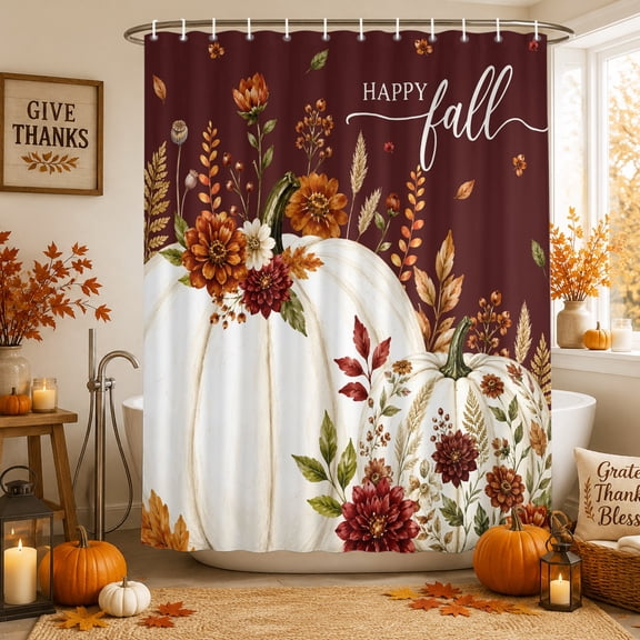 White Pumpkins Fall Shower Curtains for Bathroom, Thanksgiving Floral Botanical Brown Waterproof Fabric Shower Curtain, Decorative Bathroom Curtain for Bathtub, 72"x84", No Hooks Included