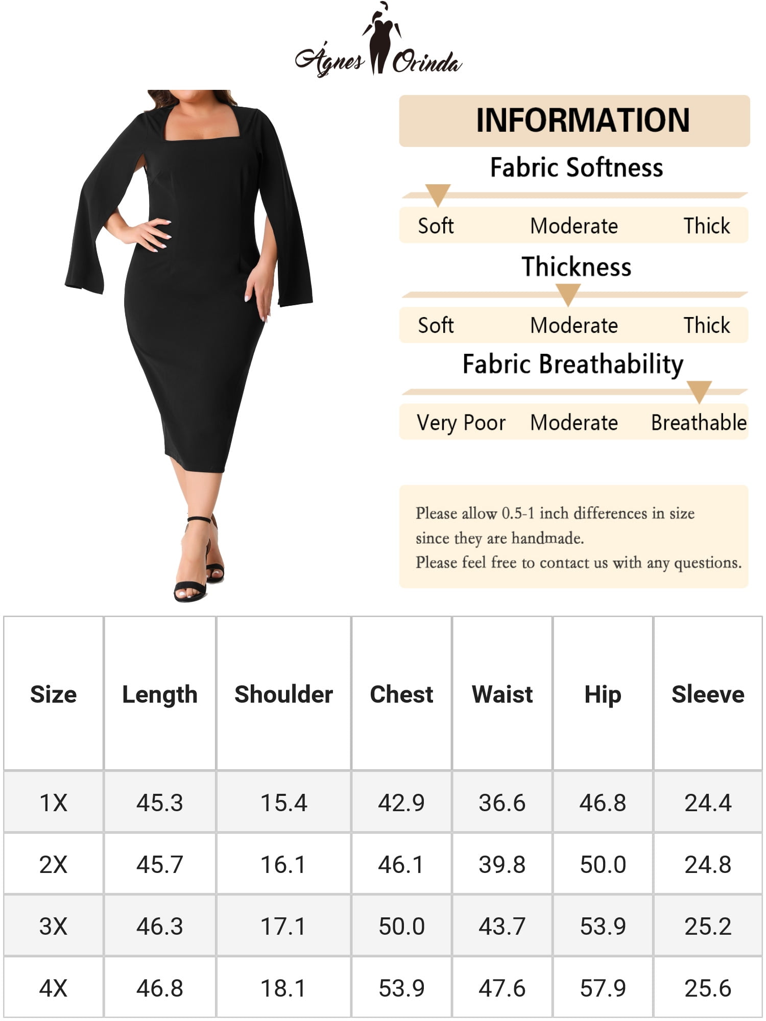 DARING DIVA Plus Size Square Neck Long Sleeve Back Slit Bodycon Dress 3X Black