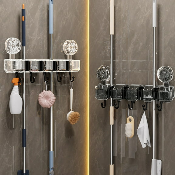 Bathroom Mop Broom Holder | Strong Vacuum Suction Cup Wall Mount Organizer | Clear Grey | 1 Piece | Heavy-Duty Clip & Hooks | Tool-Free Install | Space Saving Shelf Attachment | Reusable