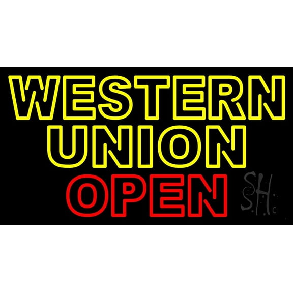 Double Stroke Western Union Open LED Neon Sign 13 x 24 - inches, Black Square Cut Acrylic Backing, with Dimmer - Bright and Premium built indoor LED Neon Sign for Defence Force.