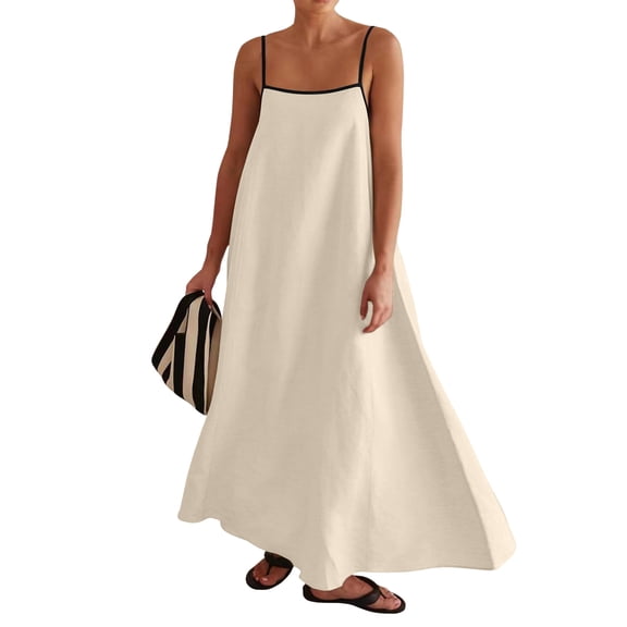 WTOBBY Women's Loose Comfortable Casual Color Block Cotton Linen Suspender Large Swing Dress with Breathable Material and Adjustable Straps,Khaki M