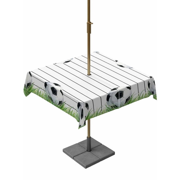 Outdoor Tablecloth with Umbrella Hole for Patio/Picnic/Party/Camping, Football Sport Waterproof Table Cloth Square Cover Washable, Modern Grass Lawn Balls Gaming Black Lines (54"x 54")