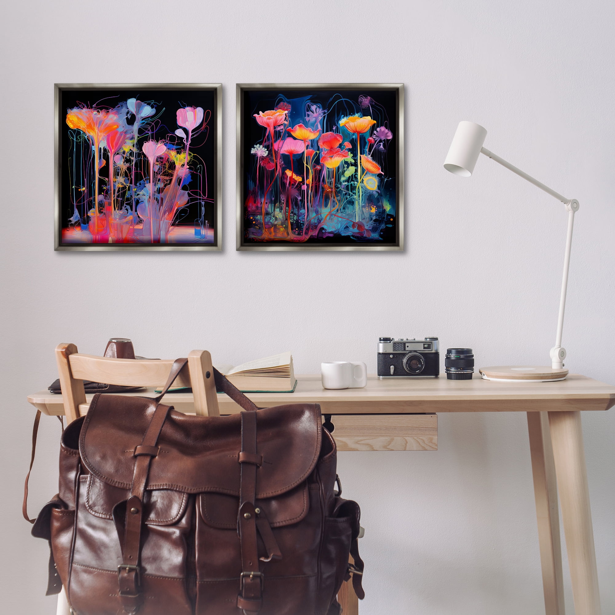 Stupell Industries Contrasting Otherworldly Blossoms Abstract Painting Gray Floater Framed Canvas Art Print Wall Art, 18 x 18, Set of 2