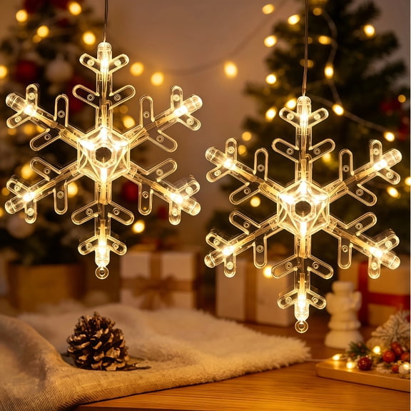 2-Pack Christmas Snowflake Window Lights with Suction Cups, Warm White LED Hanging Christmas Decorations for Windows, Christmas Tree, Mantel and Holiday Decor
