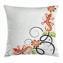 Tribal Decor Throw Pillow Cushion Cover, Small Baby Lizard Flowers and Leaves with Oriental Lines Print, Decorative Square Accent Pillow Case, 16 X 16 Inches, Orange Green Black White, by Ambesonne