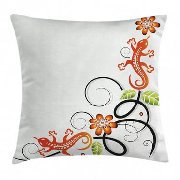 Tribal Decor Throw Pillow Cushion Cover, Small Baby Lizard Flowers and Leaves with Oriental Lines Print, Decorative Square Accent Pillow Case, 16 X 16 Inches, Orange Green Black White, by Ambesonne