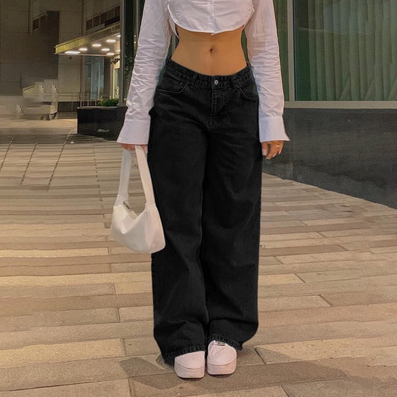 Tqcoqu Baggy Jeans Women Light wash Trousers fit Loose Straight Leg Denim Low Waisted Trendy Pants,Black,Women's S-XXL