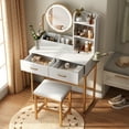 thumbnail image 3 of VEANERWOOD Vanity Desk with Lights and Round Mirror, Modern Vanity Makeup Table with 2 Drawers, White, 3 of 11