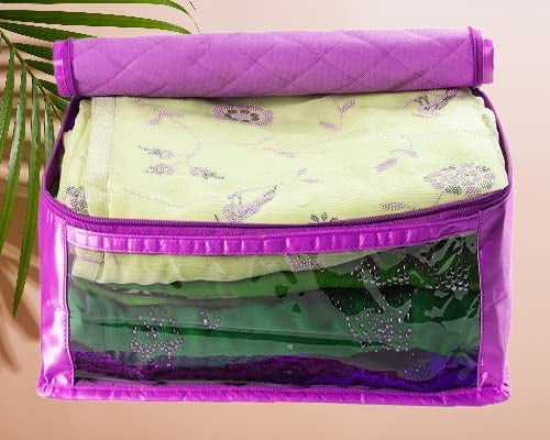 atorakushon Satin Fabric Foldable Garments Saree Blouse Cover Bag Pouch Closet Wardrobe Organizer With Clear Window Zipper Lock Pack of 5 (Purple)