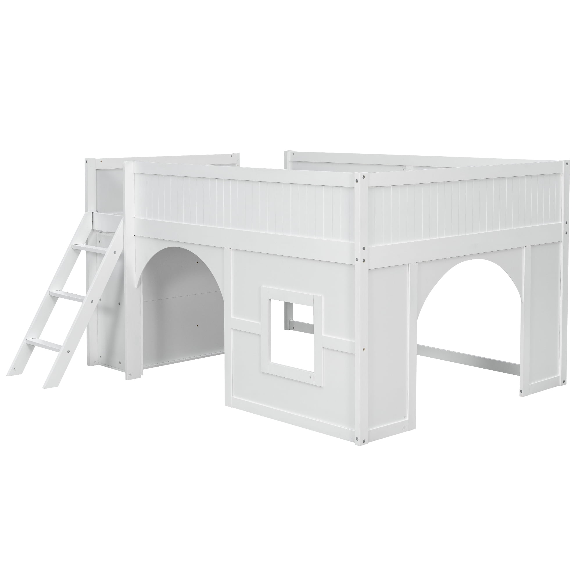 Euroco Full Size Loft Bed with Shelves and Ladder, Low Profile Wood Bed with Door and Window Design, White