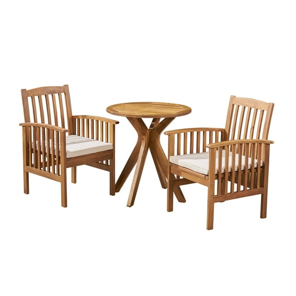GDF Studio Genois Outdoor Acacia Wood 3 Piece Bistro Set with Cushion, Teak and Cream