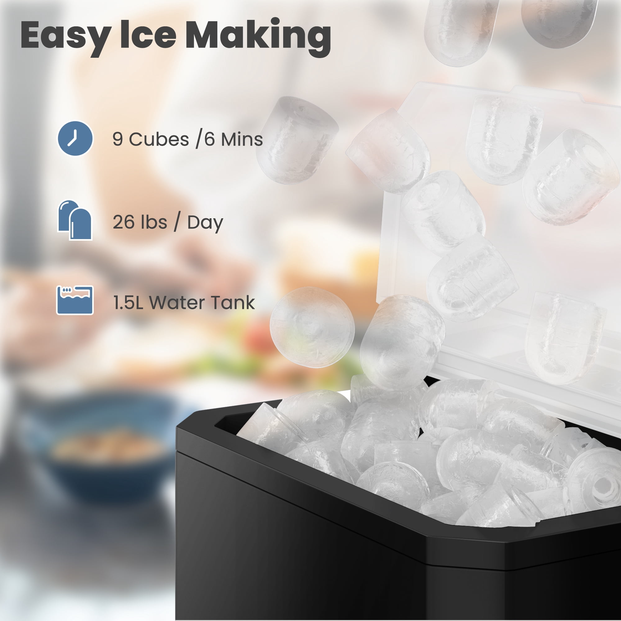 CONCETTA Countertop Ice Maker, 9pcs in 6 Mins, 26lbs/24H ,Bullet Ice Maker with Ice Scoop and Basket, Black