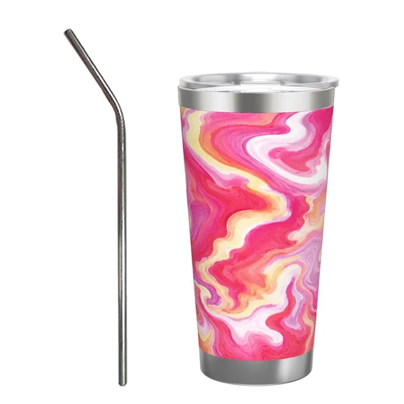 20oz Pink Abstract Marble Travel Tumbler with Handle and Straw Insulated Car Cup Gift with Stainless Steel Straw