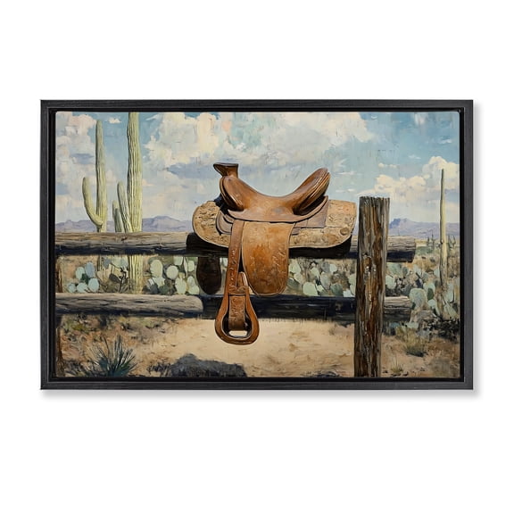 Stupell Industries Rustic Lodge Saddle on Desert Fence Black Floating Frame Canvas Art, 25 x 17, by Franklyn Gregory