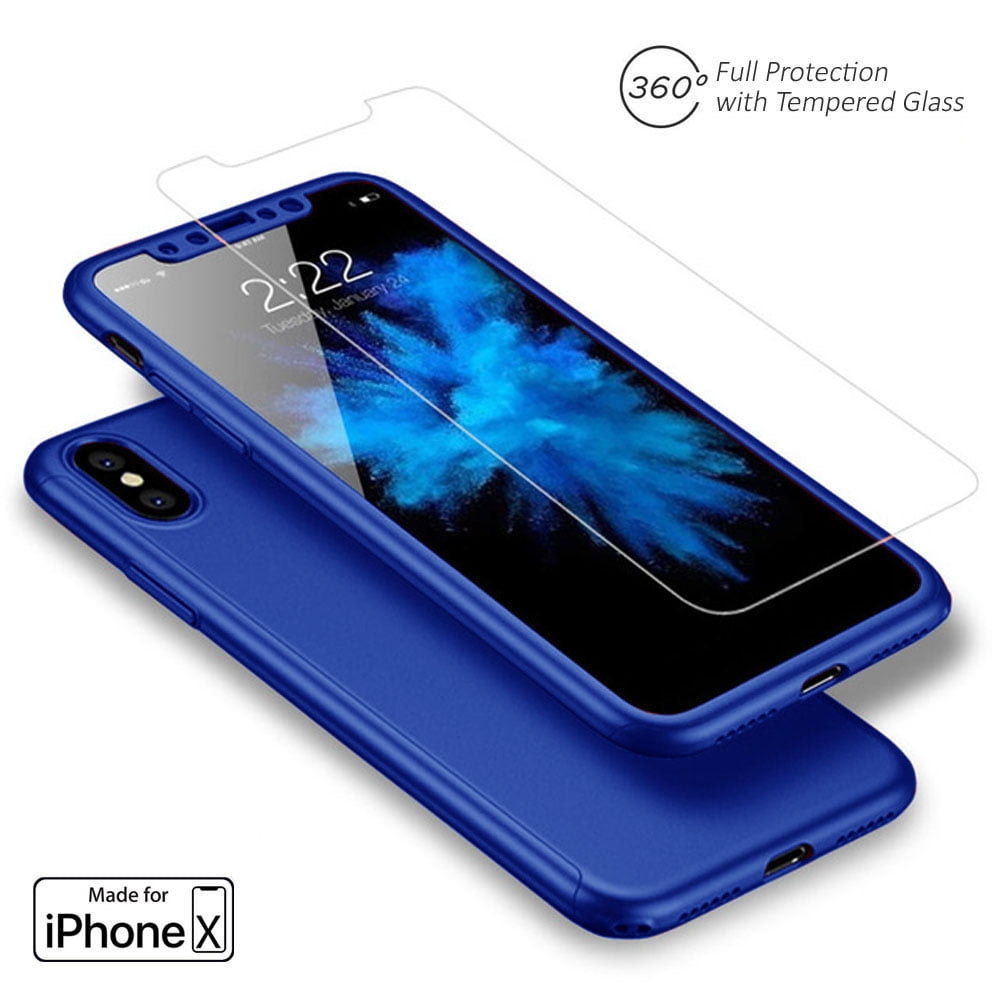 Indigi Blue 360 Full Protective Case Hard PC Cover w/ Tempered Glass For iPhone X