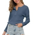 thumbnail image 6 of Button Up Waffle Top V Neck Breathable Knit Casual Loose Long Sleeve Tunic Top for Women Denim Blue M, 6 of 7