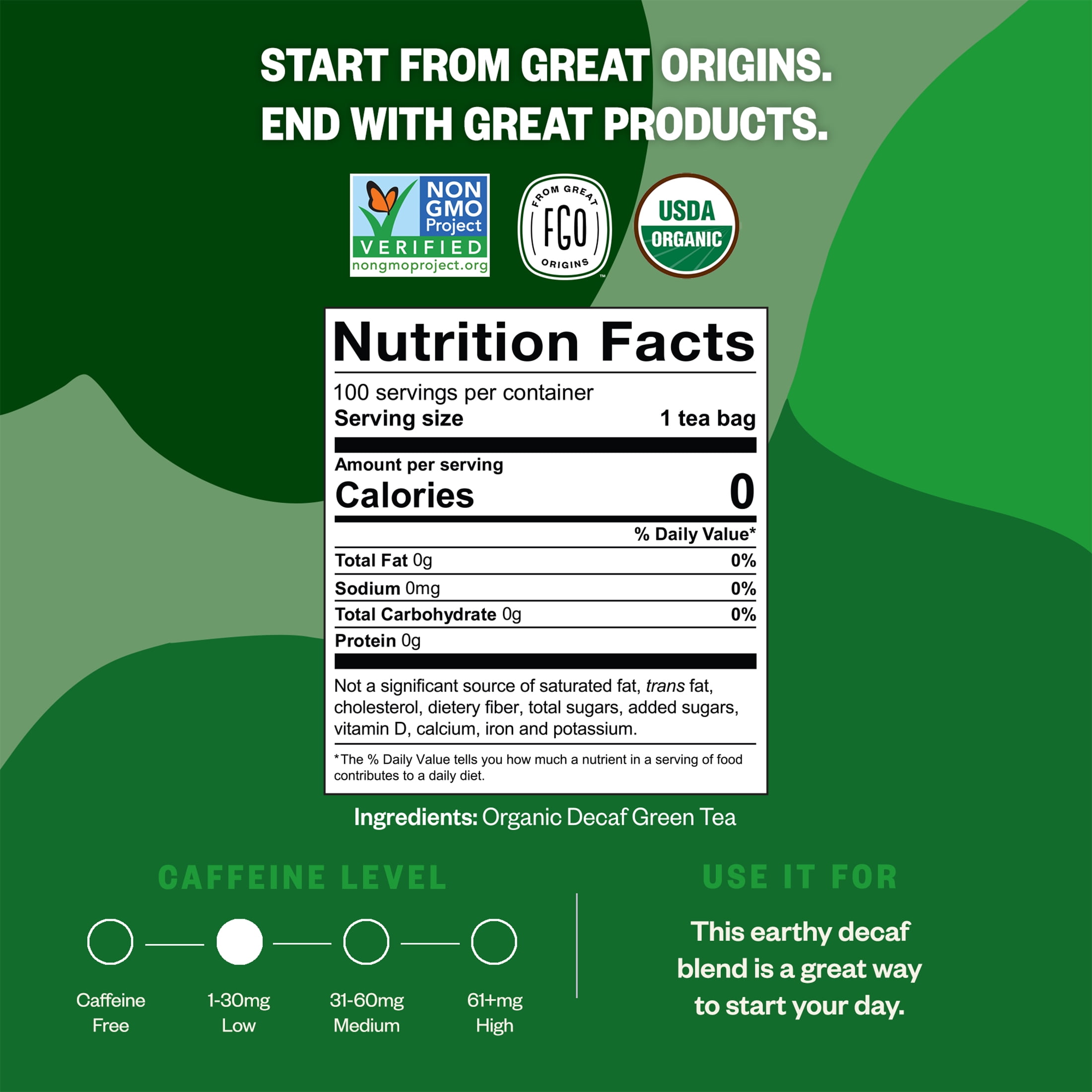 FGO Green Decaf Tea, Organic, Eco-Conscious Tea Bags (100 Count)