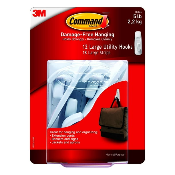 3M Command Large Utility Hooks, White, 12 Hooks, 18 Adhesive Strips