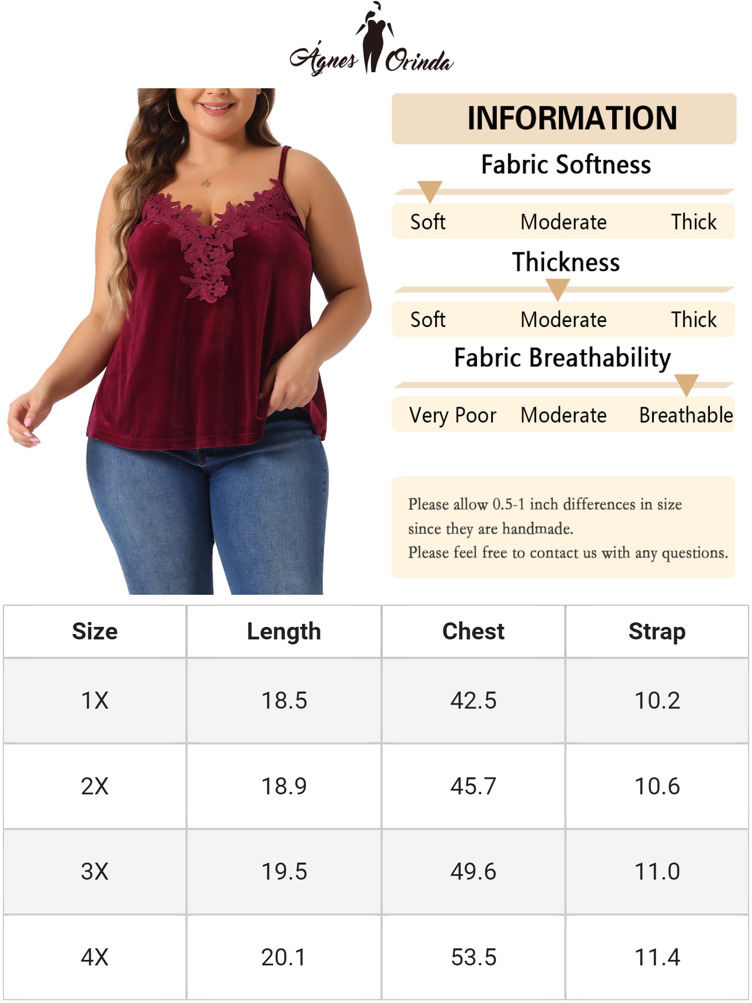 DARING DIVA Women's Plus Velvet Tank Tops V Neck Lace Floral Panel Cami 2X Burgundy