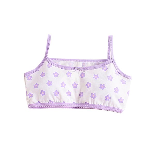 Xfvqtps Girls Bras with Padded Spaghetti Strap Cotton Training Bra for Teen Big Kids Cute Flower Print Bow Comfortable Breathable Girls Bras for 10-16 Years Purple-01