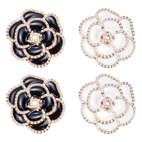 4Pcs 2 Color Camellia Flower Brooch Pins White Black Alloy Enamel Camellia Brooches with Imitation Pearl Beads Flower Lapel Pins Clothes Colorful