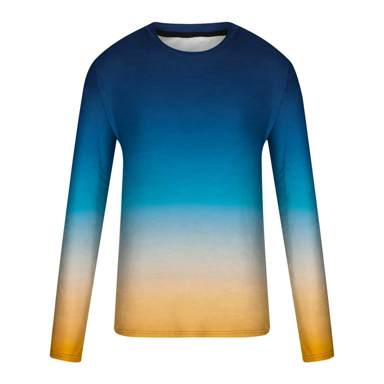 ZCFZJW Mens Ombre T-Shirts Casual Gradient Color Printed Long Sleeve Round  Neck Graphic Pullover Tops Loose Regular Fit Cotton Fall Sweatshirts Blue L  