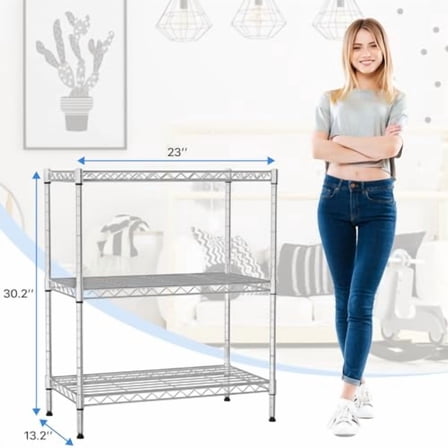 3 Tier Shelf Storage Rack Metal Wire Shelving Unit Steel Short Shelves for Storage, Adjustable Shelf Metro Shelving 450lbs Capacity for Kitchen Garage, 23Lx13.2Wx30.2H Chrome