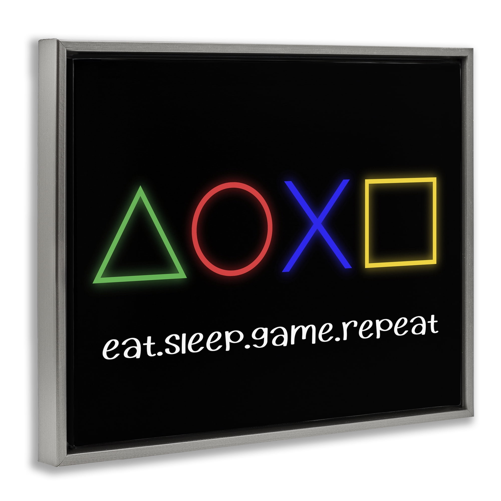 Neon Gaming Symbols & Words Gray Framed Floater Canvas Wall Art, design by Christine Simpson Art