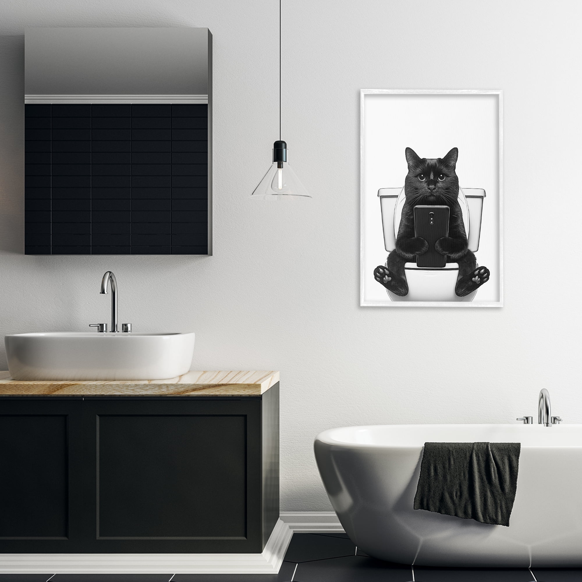 Stupell Industries Cat Texting on Toilet Typography Painting White Framed Art Print Wall Art, 20 x 30