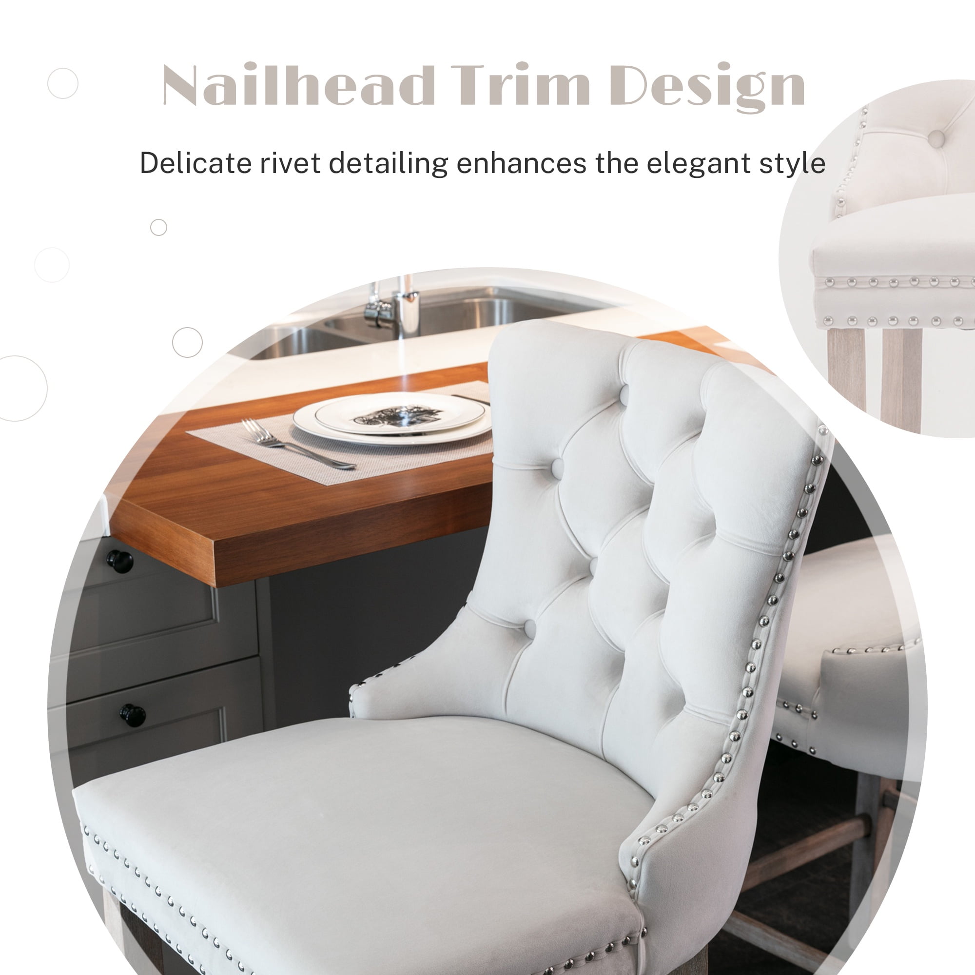 Paproos Upholstered Bar Stools Set of 2, Velvet Barstools with Wood Legs and Tufted, Modern Leisure Counter Height Bar Chairs with Chrome Nailhead Trim for Home Pub and Kitchen Island, Beige