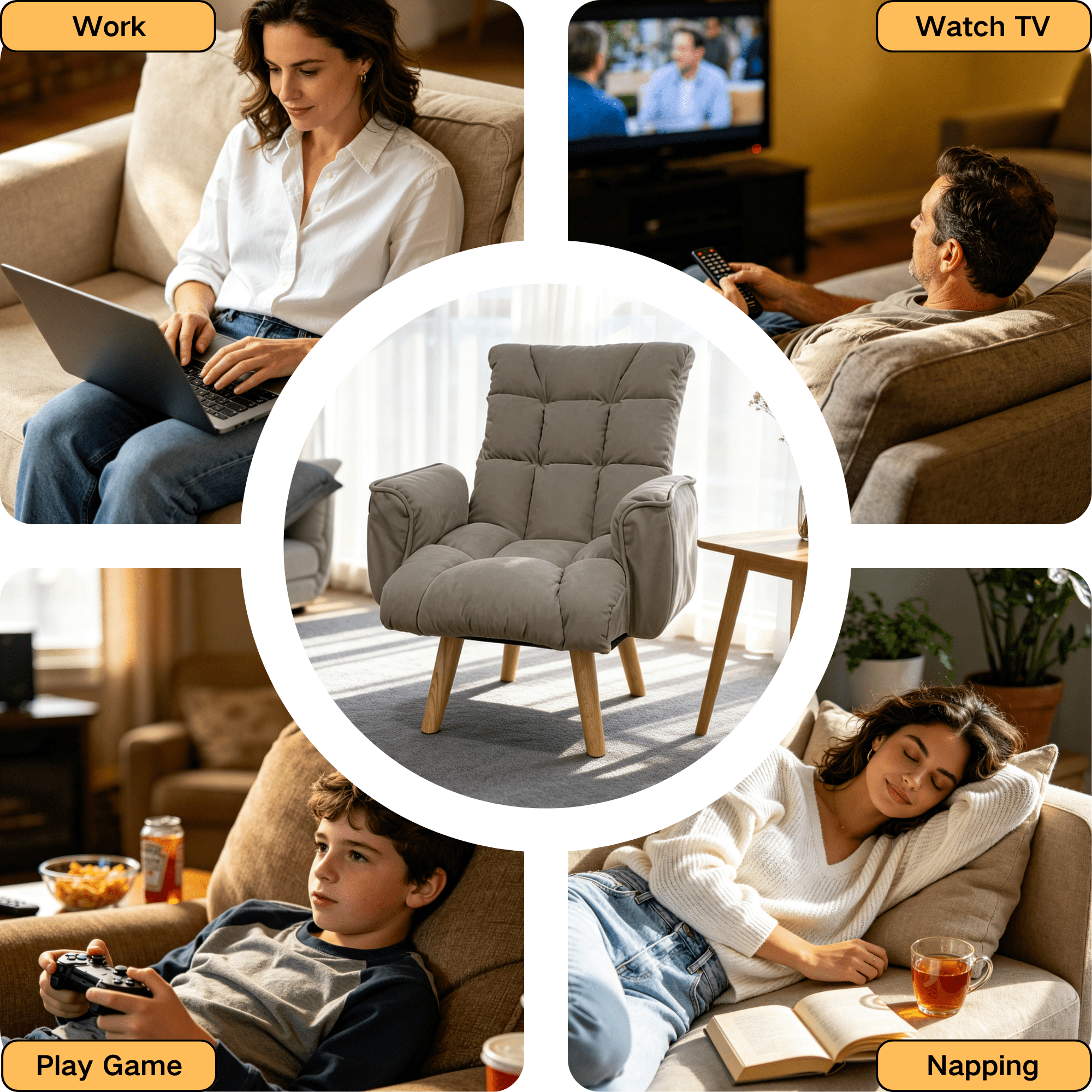 Lounge Chair with 360 Degree Rotating Seat and 3-Level Adjustable Back, Lazy Sofa Chair and Accent Seating with Solid Wood Legs for Living Room, Gray